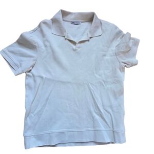 Zara White Ribbed V Neck Top With Collar Size M